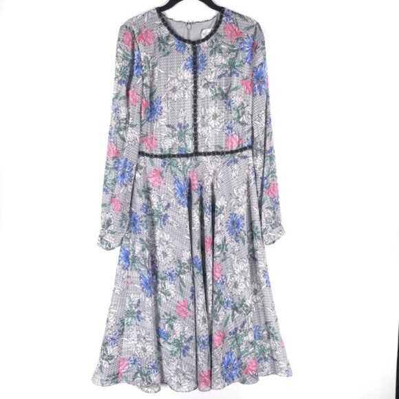 MIKAEL AGHAL Multicolor‎ Floral Lace Midi Dress Long Sleeve Flare Ruffle Size 6